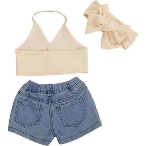 2020-07-02Lioraitiin 0-5Y3Pcs Set Toddler Kid Baby Girl Solid Color Outfits V-Neck Halter Top+Denim Shorts Bow Headdress Set