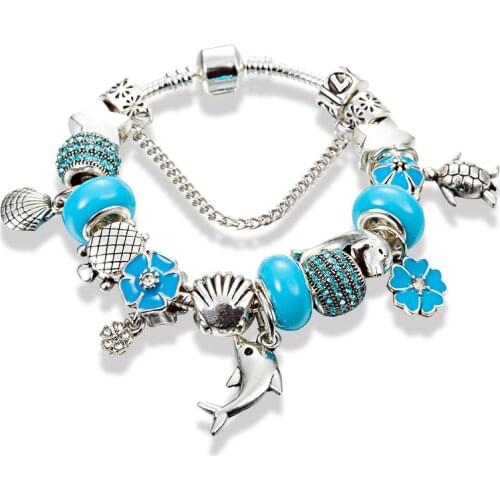 ANNAPAER 2019 Ocean Style Dolphins Charm Bracelet for Women Blue Glass Beads Bracelets & Bangles DIY Jewelry B17063