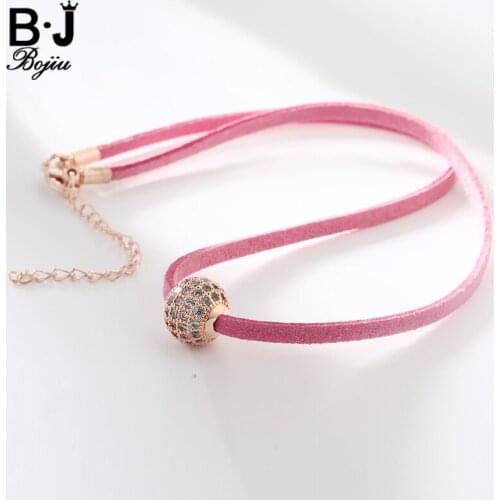 Bojiu Women Energetic Choker Necklace Leather Short Chain Necklace For Girl Rose Gold Zircon Pendant Necklaces NKS038-3
