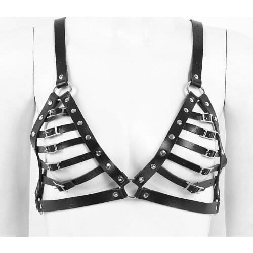 Women Punk Gothic Harness Bra Tops Clubwear PU Leather Hollow Out Cups Strappy Body Bra Caged Harness Bra Roleplay Costume