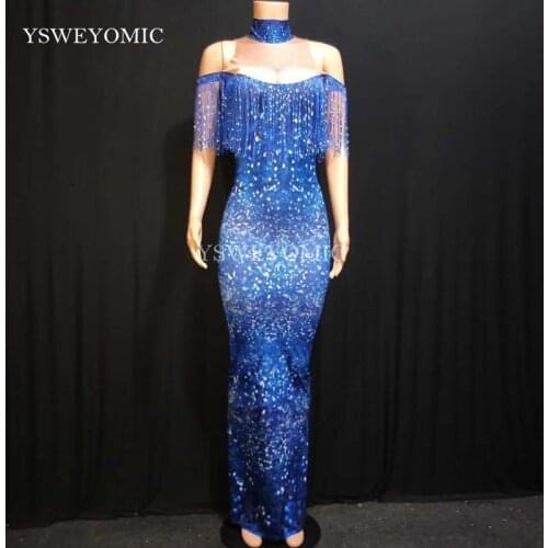 Women Sexy Blue Tassel long dress Full Bling Pearls Silver Sparkling Crystals Nightclub Party Stage Wear Singer Costumes
