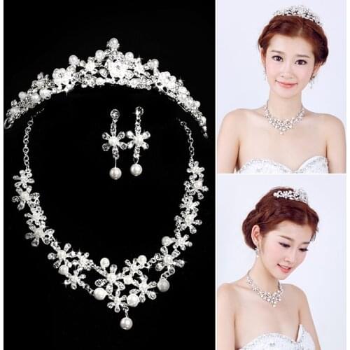 Elegant Luxury Rhinestone Pearl Bride Earring Necklace Crown Set Bride Tiaras Hair Accessories Noiva Wedding Jewelry Sets BH