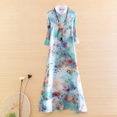 High-end Summer 2020 Women Print Cheongsam Dress Chinese Style 3/4 Sleeve A-line Elgant Lady Floral Party Qiapao Dress S-XXL