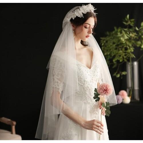 HONGFUYU Lace Flower Bridal Veil White For Wedding Dress Women Two Layers Wedding Veils Party Accessories V647