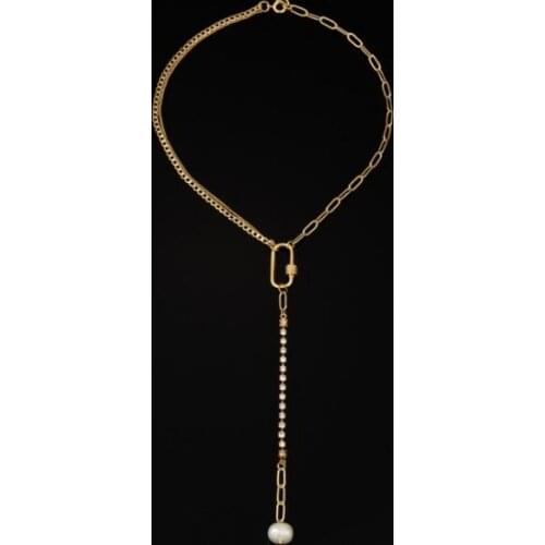 Brass With 18K Gold Zircon Long Chain Tassel Real Pearl Necklaces Runway T Show Party Designer Gown Top Ins Japan Korean Trendy