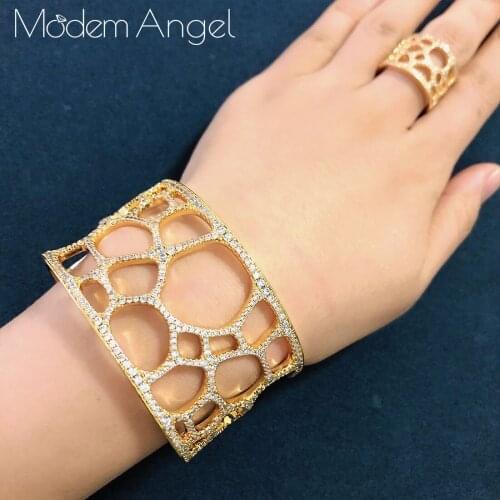 ModemAngel Luxury trendy Geometry Cubic Zirconia Fashion Luxury Super Copper Women Party Engagement Width Bangle And Ring Set