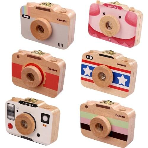 Cartoon Camera Style Baby Tooth Keepsake Wooden Box Boy Girl Save Teeth Container