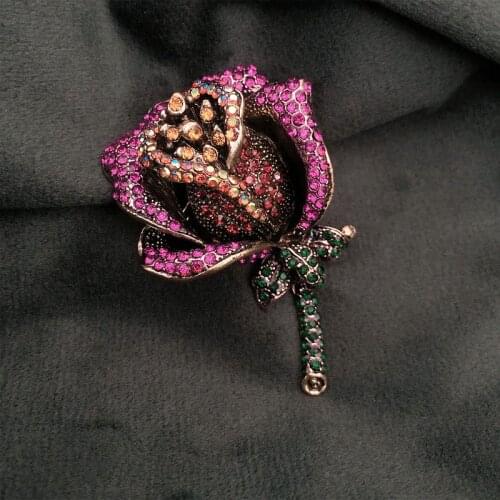 Muylinda Sweet Jewelry Rhinestone Rose Brooch Women Clothes Brooch Romantic Red Blue Pink Rose Brooches Flower Pin Accessories