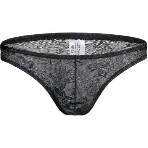 Mens Sexy Underwear Lace Briefs Bikini Low Waist Floral Briefs Sheer Lace Thin Belt Pants Pouch Short Brief Jockstrap Underpants