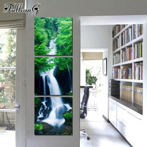 FULLCANG 5d diy diamond embroidery natural scenery waterfall triptych painting full square round drill mosaic pattern kit FG0135