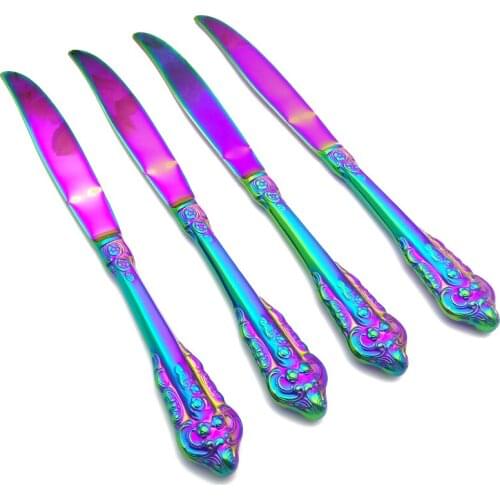 Stainless Steel Knife Sword Dinner Chopper High Quality Rainbow Engraving Handle Knives Electroplate Tableware Cutlery 4pcs/Set