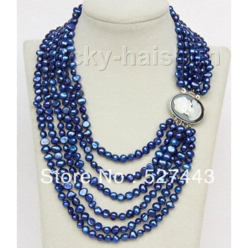 Wholesale free shipping Genuine baroque 16"-21" 6row 7mm blue pearls necklace seashell clasp