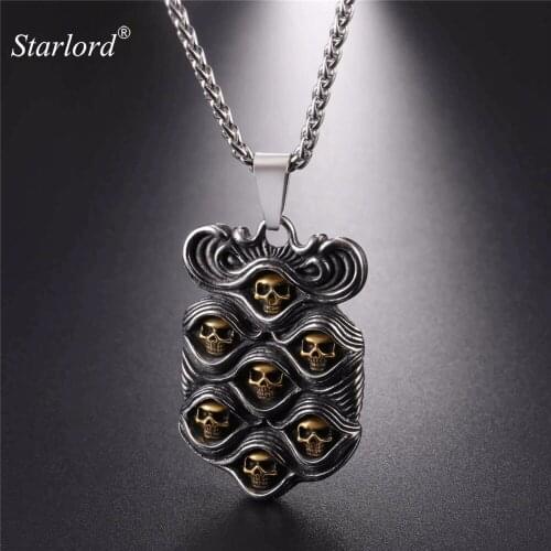 Starlord Cool Skull Pendants Necklace Stainless Steel Chain Two Tone 7 Skulls Medal Trendy Gothic Punk Jewelry For Men GP2594