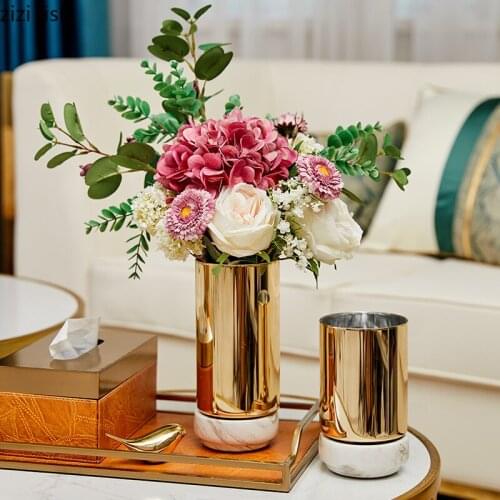 Gilded Glass Vases Desk Decor Marble Base Flower Arrangement Artificial Flowers Tabletop Vase Home Decoration Accessories Modern