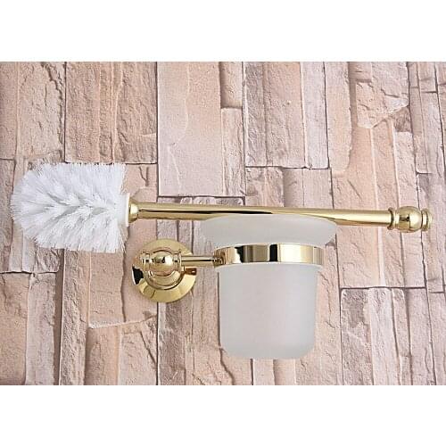 Luxury Golden Polished Gold Brass Wall Mounted Toilet Brush & Holder Set White Brush Glass Cup Bathroom Accessory aba312