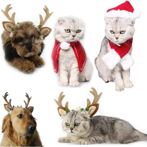 Christmas Clothes Warm Dog Cat Clothes Puppy Santa Claus Red Scarf Hat Deer Head Cute Dog Cloak Cat Costume Pet Warm Clothing