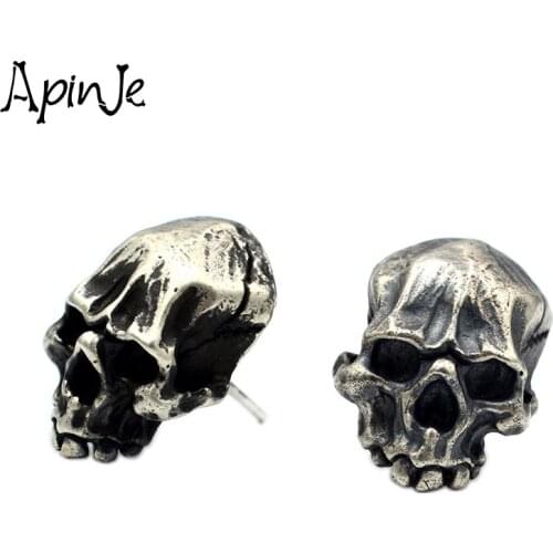 Apinje 925 Sterling Silver Skull Ear Studs Thai Silver Earring Personality Goth Punk Skeleton Jewelry