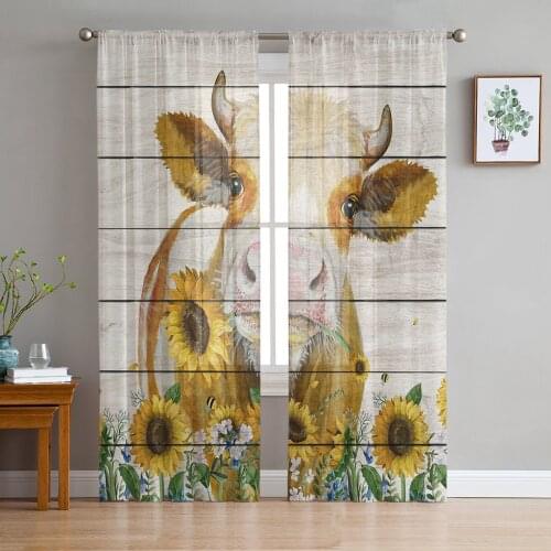 American Country Style Sunflower Cow Vintage Wood Grain Voile Tulle Sheer Curtains for Bedroom Living Room Kitchen Decor Curtain