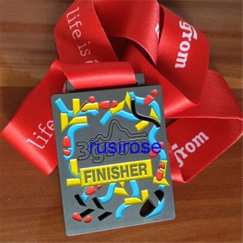 Ancient black nickel plating rectangular medals, engraving medals custom paint color, with printing white text red ribbon Medals