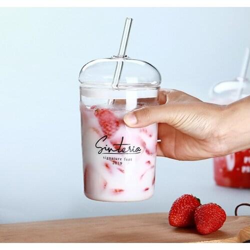 500ml Glass Straw Cup with Anti-slip Lid Nordic Cute Cartoon Sippy Mugs Water Milk Juice Coffee Tea Cups Drinkware