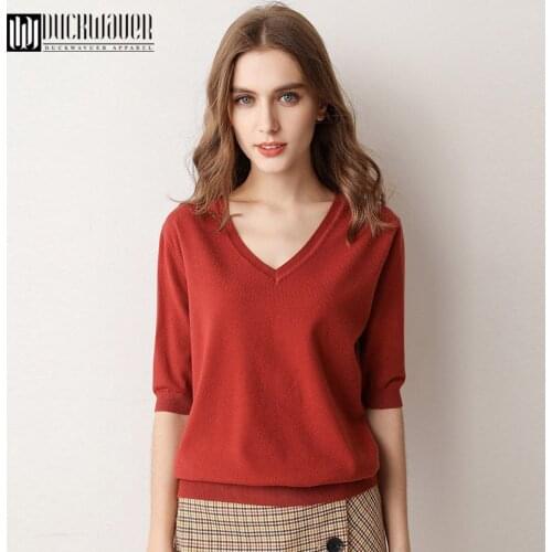 Duckwaver 2020 Spring Summer Women Pullover Solid V-neck Short Five-point sleeve Knit Thin Sweater Casual Jumpers Ladies Tops