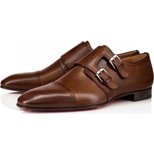 SHOOEGLE Brown Black Leather Men Shoes Party Wedding Dress Shoes Slip-on Buckles Mens Flats Rubber Sole Tenis Masculinos