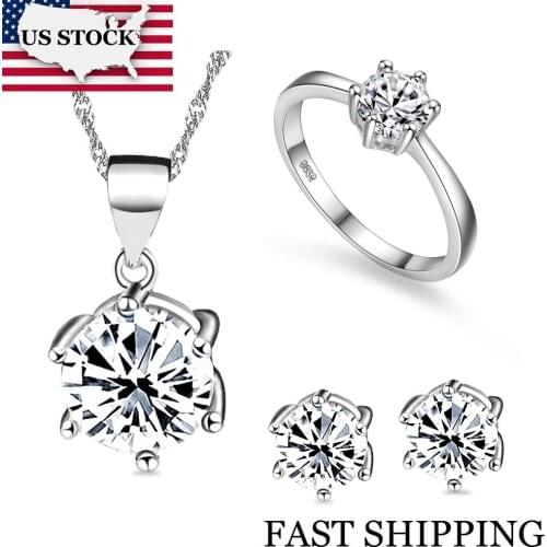 USA STOCK Uloveido 40% Bridal Wedding Jewelry Sets Silver Color Stud Earrings Ring Necklaces Crystal Jewelry Necklace Set T043