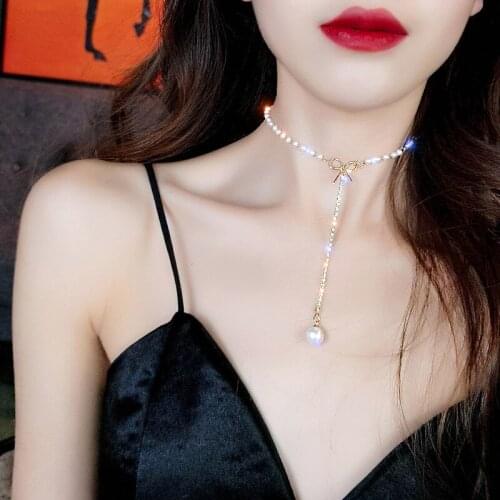 Fashion Korean Imitation Pearl Chain Bow-knot Collar Chokers Neck Jewelry Luxury Crystal Zircon Long Pendant Necklaces For Women