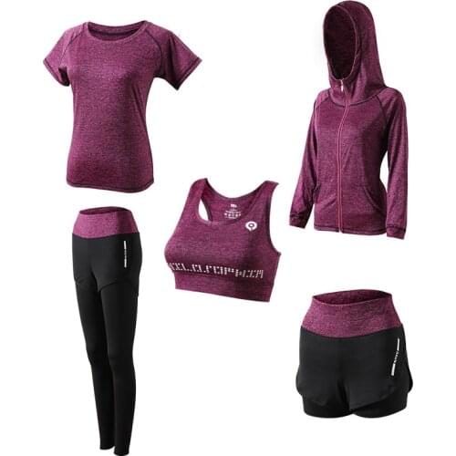 Ladies Yoga Wear 5 Piece Set Seamless Leggings Long Sleeve Top Sports Bra Running Pants Gym Clothing Fitness Workout Sportswear