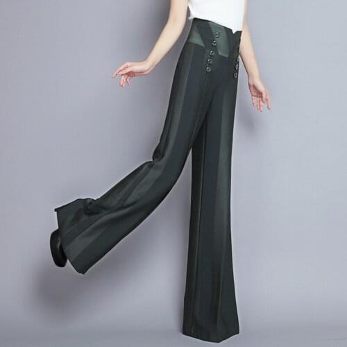 2020 Summer Spring Womens Double Breasted Wide Leg Green Black Flare Pants , Women Clothing , Elegant Trousers for Woman