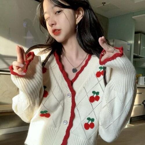 Women Sweater Cardigan Coat 2021 New Autumn Sweet Cute Cherry Print Short Knitted Cardigans Casual Jumper Long sleeve Jacket