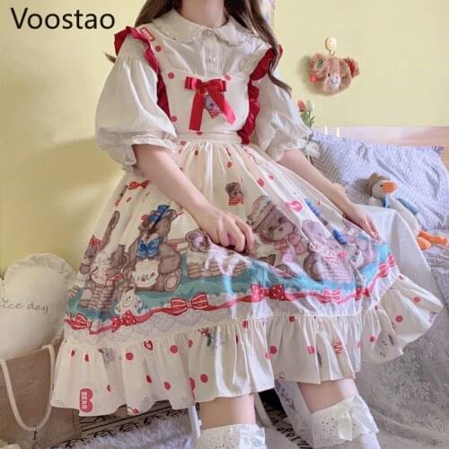 Sweet Lolita JSK Dress Japanese Girls Gothic Bear Amusement Park Print Party Dresses Women Harajuku Cute Princess Straps Dress