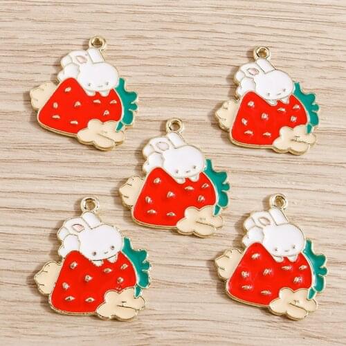 10pcs 24*25mm Enamel Rabbit Eat Strawberry Charms for Jewelry Making Charms Earrings Pendants Necklaces Bracelets Handmade Craft