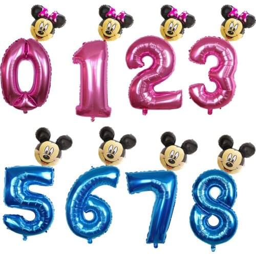2pcs 30inch Pink Blue Number foil Balloons kid boys girls 1 2 3 4st Birthday Mickey Minnie head Foil Balloon Party decorations