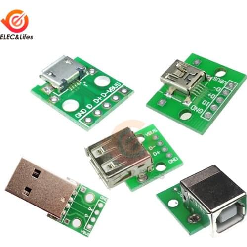 5Pcs/lot Micro Mini USB A Male USB 2.0 A Female USB B Connector Interface to 2.54mm DIP PCB Converter Adapter Breakout Board