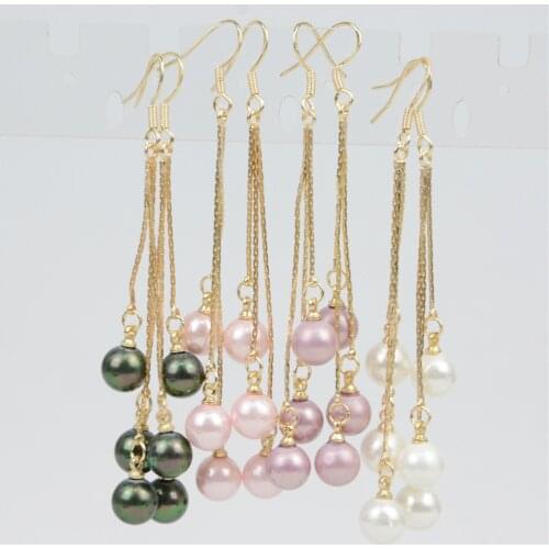 8mm Shell Pearl Long Drop Dangle Earrings White Pink Green Purple Beads Tassel for Women Party Gifts Fashion Jewelry Length 80mm