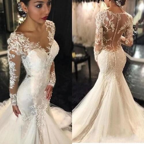 ANGELSBRIDEP Long Sleeves Mermaid Wedding Dresses Sexy See-Through Back Lace Appliques Beaded Robe De Mariee Formal Bride Gowns