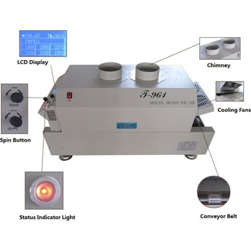 T961 Reflow Oven Infrared Heating Station 230*730mm 6 Zones 3.5KW Soldering 6 Temperature Zones, 220v