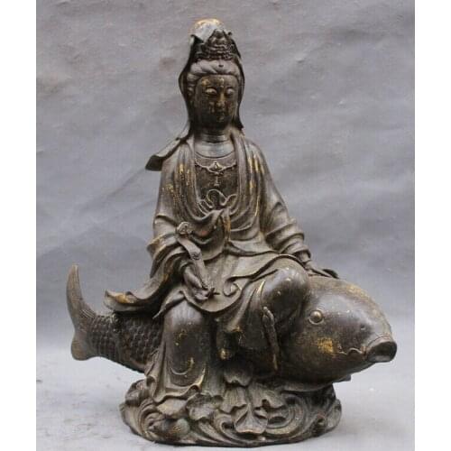 Fast shipping USPS to USA S2121 12" Old Chinese Buddhism Bronze Kwan-yin Guan Yin Goddess Ride Fish Ruyi Statue