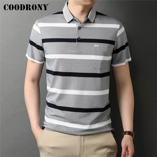 COODRONY Brand High Quality Summer New Arrival Fashion Stripe Top With Pocket Short Sleeve Cotton Polo-Shirt Men Clothing C5245S