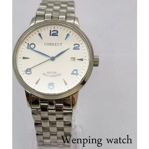 Corgeut mens 41mm automatic mechanical sapphire glass watch male silver sports clock seagull movement