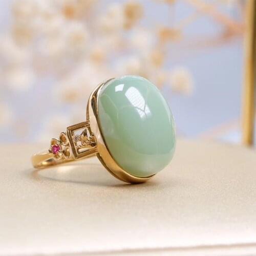 Designer original natural Hetian jade unstructured pink green opening adjustable ring elegant retro luxury ladies jewelry