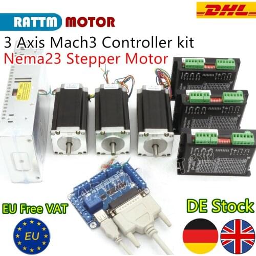 『EU Free Tax』3 Axis CNC Nema23 Stepper Motor Kit, 425 oz-in Stepper Motor(Dual shaft) 112mm 3A & 5045 Driver 50V 256 Microstep