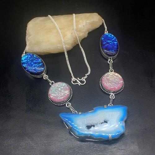 Gemstonefactory Jewelry Big Promotion Single Unique 925 Silver Agate Druzy Dichroic Glass Women Chain Necklace 48.8cm 202101359