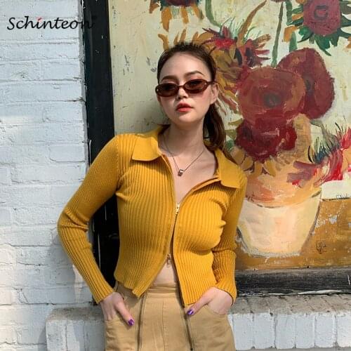 Schinteon Women Knitted Cardigan Sweater Turn-down Collar Jacket Short Outwear Dual Zipper Ribbed Sexy Top