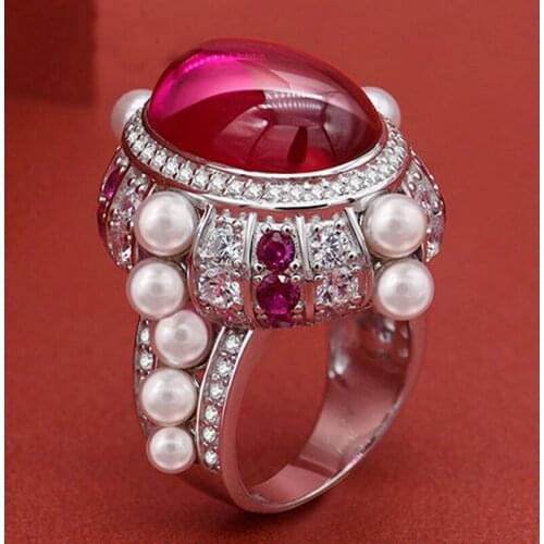 Luxury 100% 925 Sterling Silver Created Ruby 13*18mm Anniversary Rings For Women High-end Sparkling Party Fine Jewelry