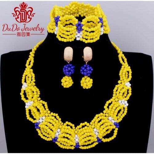 Geometric Dubai Yellow African Beads Wedding Royal Blue White Mix Color Balls Nigerian Costume Bride Women Necklace Jewelry Sets