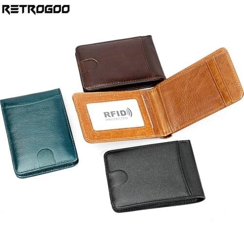 RETROGOO RFID Genuine Leather Unisex Wallet Small Money Clip Luxury Cowhide Leather Mini Wallet Card Holder Money Bag Carteira