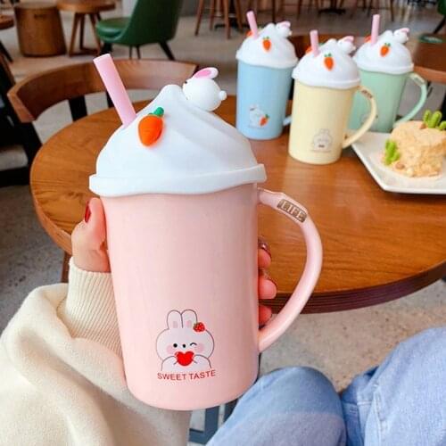 Cute Cartoon Rabbit Iced Mug With Straw Cups Creative Ceramic Coffee Mug With Silicone lid Children Student Breakfast Water Cup