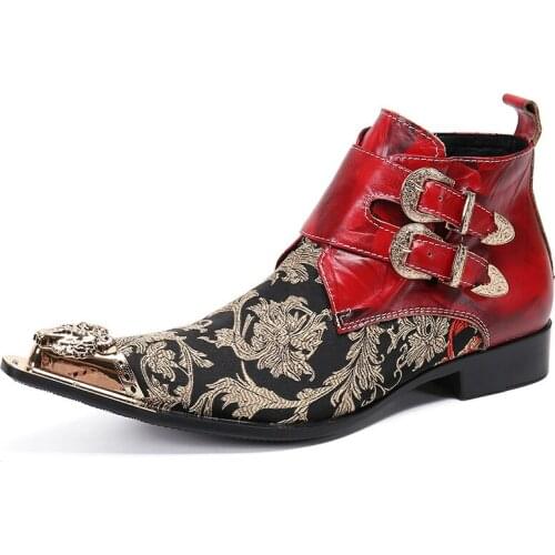 Men Genuine Leather Ankle Boots Metal Pointed Toe Cowboy Military Boots Tenis High Top Rubber Shoes Party Real Leather Boots